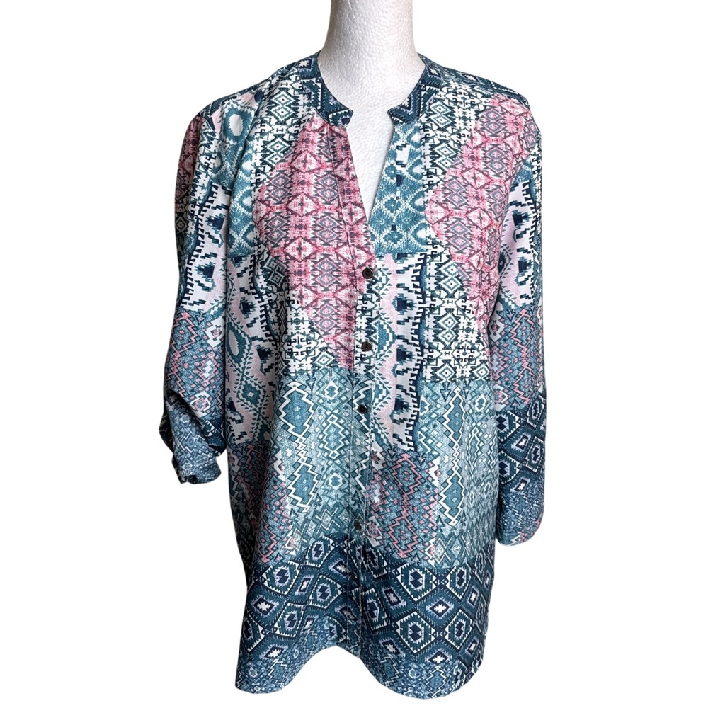Tantrums Blue Pink Geometric Patchwork Roll Tab Sleeve Tunic‎ Top Women's